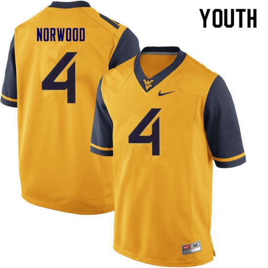 Youth West Virginia Mountaineers NCAA #4 Josh Norwood Yellow Authentic Nike Stitched College Football Jersey AI15E61QH